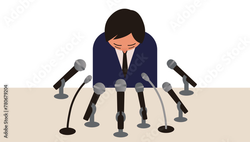 たくさんのマイクの前で謝罪する男性のイラスト