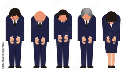 謝罪するスーツを着た男女5人のイラスト_全身