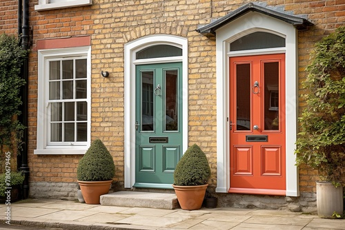 Two colorful front doors in teal and red, set against a classic brick backdrop with white framed PVC and UPVC windows, flanked by neat topiary in terracotta pots.