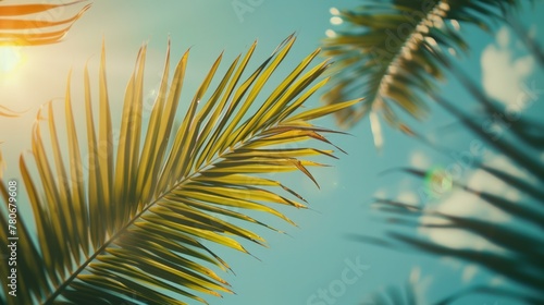 Beautiful palm tree leaves against the blue sky sunlight. Generate AI image © Ashalina