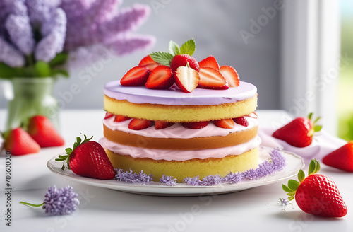 Delicious sponge cake with lilac cream and berries on a background of flowers. The concept of delicious pastries for a family holiday