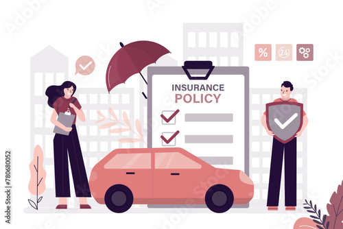 Insurance agent presenting service making deal with client. Car under insurance policy and umbrella. Customer driver holds protective shield.