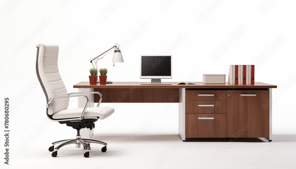Modern office desk with a comfortable white leather chair a computer a lamp a plant and a set of folders Modern office desk with a comfortable white leather chair a computer a lamp a plant and a set of folders