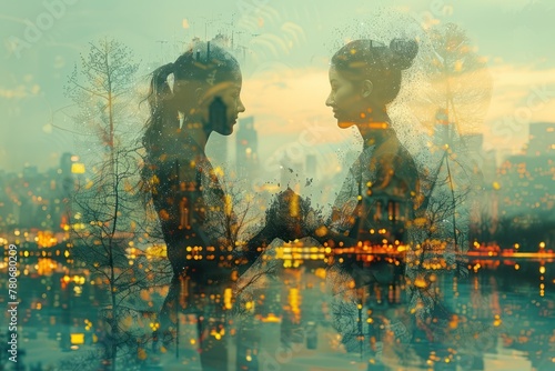 Double exposure portrait of a woman blended with a vibrant cityscape at twilight, creating a dreamy, reflective mood.