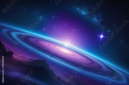 Purple night sky and a glowing galaxy. Fantastic space background