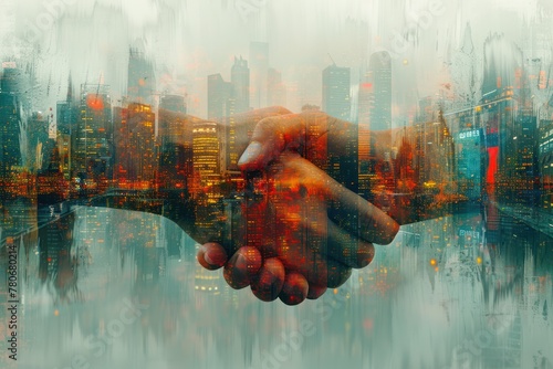 Double exposure of a handshake and cityscape  symbolizing business agreements and urban partnerships.