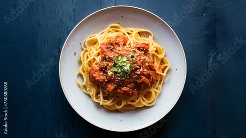 Savory Spaghetti Bolognese with Herbs on Blue. Concept Food Photography, Pasta Dishes, Italian Cuisine, Culinary Art, Gourmet Presentation