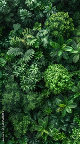 Aerial view of lush green forest canopy with various shades of green foliage  suitable for backgrounds or nature themes.