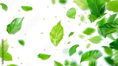 Green leaves flying in the air isolated on white background, Day of clean air.
