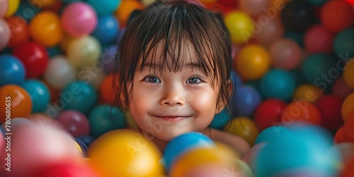 A cute girl plays happily in a vibrant playground with colorful plastic balls, radiating joy and cheerfulness.