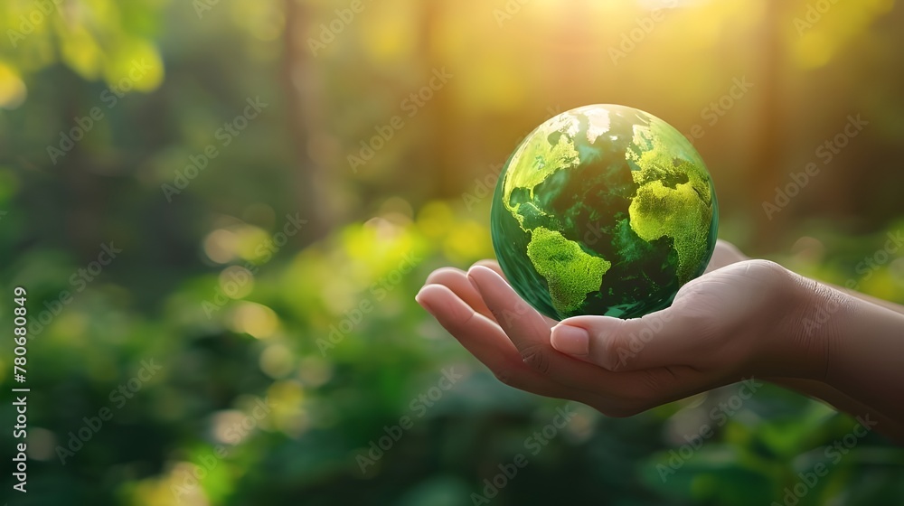 Close up of senior hands holding planet earth over defocused green background with copy space Close up of senior hands holding planet earth over defocused green background with copy space