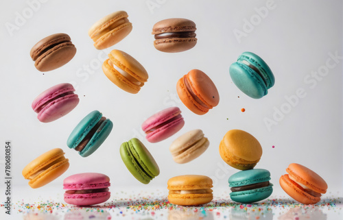 Wallpaper Mural xperimental 
Colorful macarons of various flavors with sprinkles are suspended in mid-air against a clean white background, seemingly defying gravity as they float and tumble Torontodigital.ca