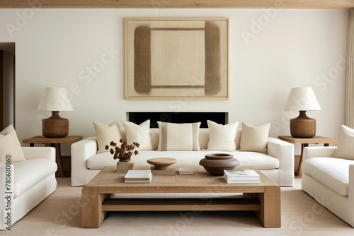 Neutral palette with two sofas and wooden table.