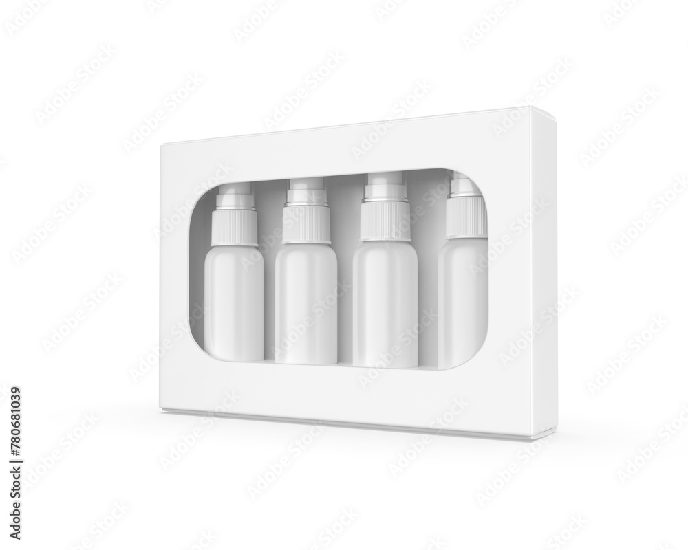 Cosmetic bottles with label and hard box, mock up template isolated on white background, 3d illustration. Cosmetic bottles with label and hard box, mock up template isolated on white background, 3d illustration.