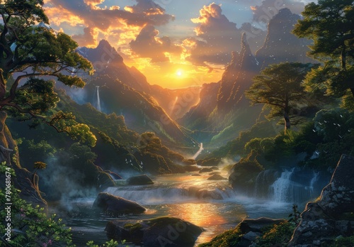 Tranquil scenes inspired by nature, featuring elements like flowing rivers, lush forests, majestic mountains, and serene sunsets