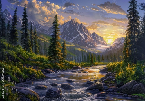 Tranquil scenes inspired by nature, featuring elements like flowing rivers, lush forests, majestic mountains, and serene sunsets © Nicat