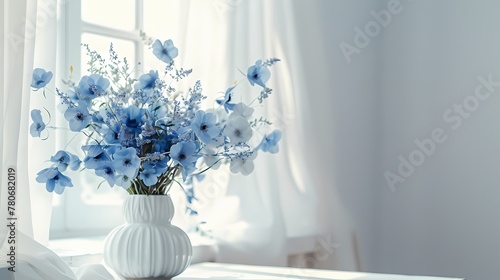 home interior with blue flowers in a vase on a light background for product display photo