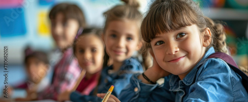 primary elementary school group of children studying in the classroom. learning and sitting at the desk. young cute kids smiling, high quality photo