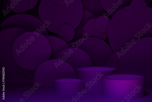 Abstract scene for presentation cosmetic products mockup - three round cylinder podiums in dark purple violet glowing light, circles as geometric decor. Template for showing in rich luxury style. © finepoints