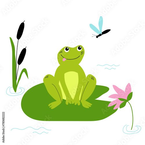 WebCute happy frog and dragonfly with lilies and reeds on the pond. Vector children  illustration.
