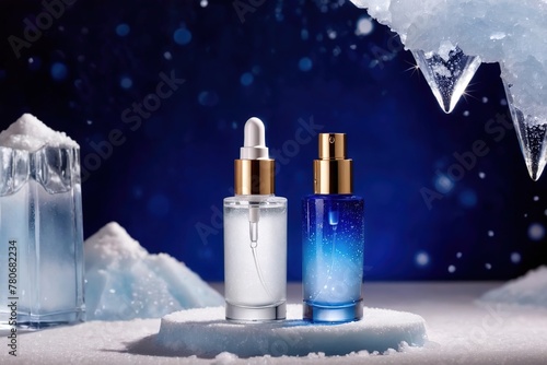 Product packaging mockup photo of Serum or cosmetics with a simple  elegant design White and blue tones There are ice crystals and snow mountains.  studio advertising photoshoot