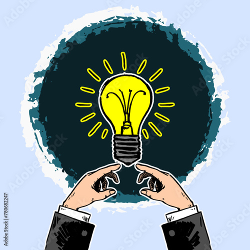 Lit lightbulb touched by two hands in business attire on textured, layered, dark circular background. Concept of ideas, inspiration, and solutions in hand-drawn.