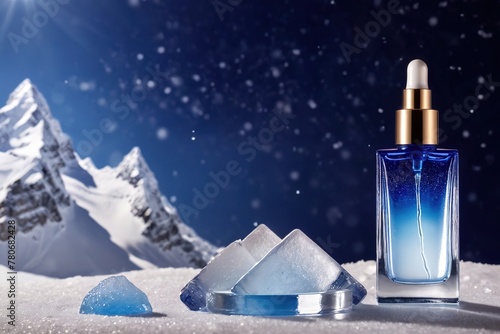 Product packaging mockup photo of Serum or cosmetics with a simple, elegant design White and blue tones There are ice crystals and snow mountains., studio advertising photoshoot