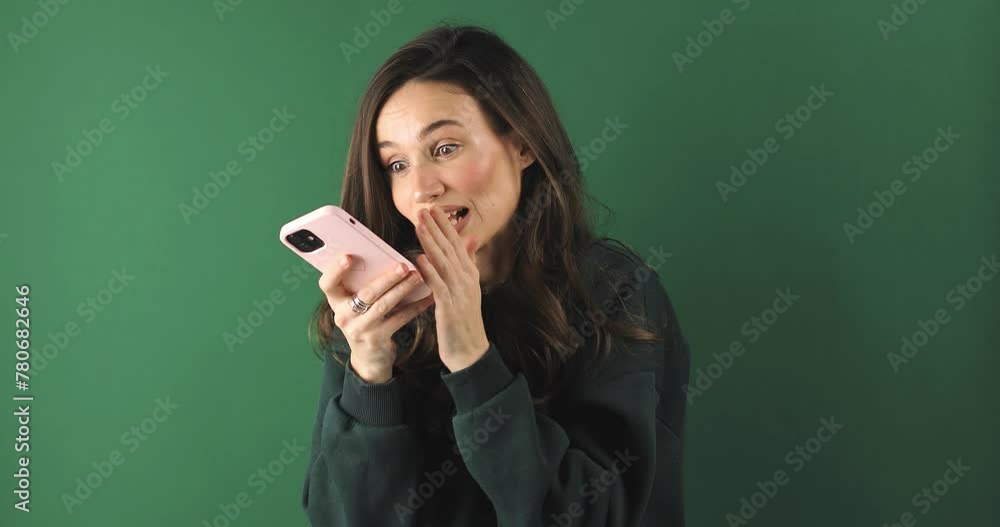 Beautiful woman holds cell phone pleasant remote personal conversation, gossip girl use mobile phone, look happy. Connection, modern tech, communication concept, gossip, secret, woman look by side. Beautiful woman holds cell phone pleasant remote personal conversation, gossip girl use mobile phone, look happy. Connection, modern tech, communication concept, gossip, secret, woman look by side.