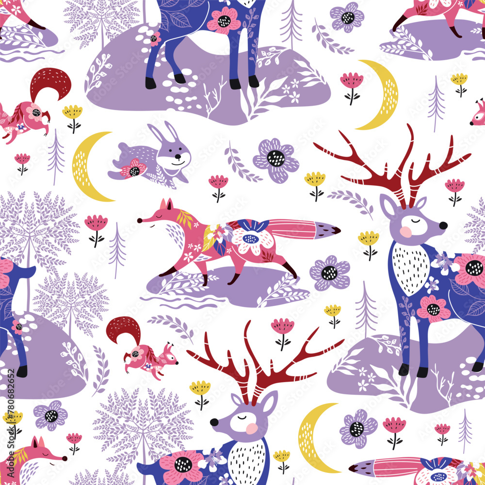 Seamless pattern with forest animals. Fox, squirrel and deer. Floristic background. - obrazy, fototapety, plakaty 
