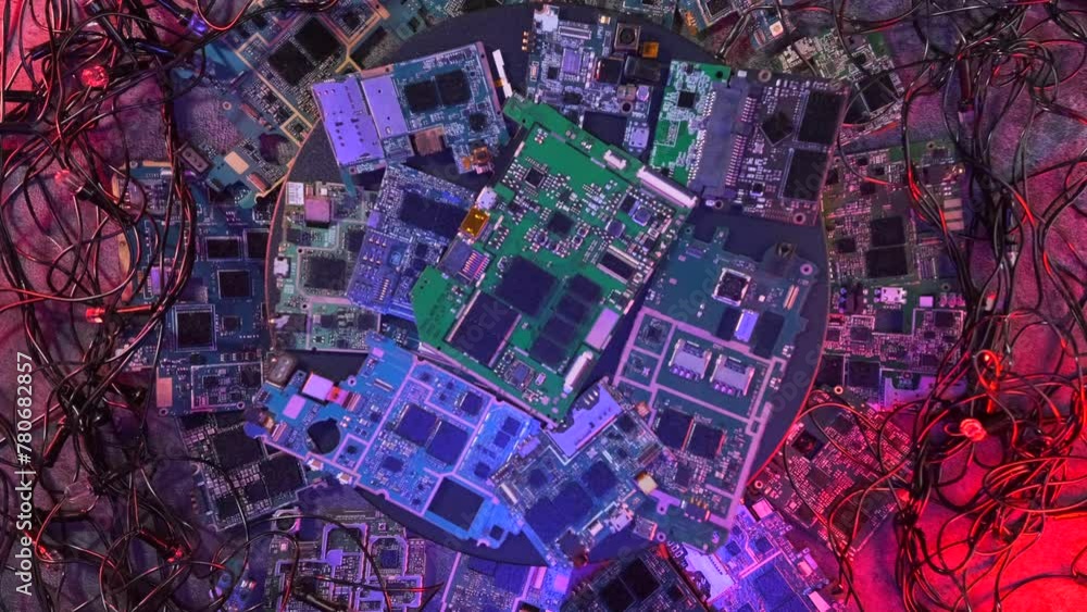 Rotating computer microchips surrounded by wires background flashing red and blue lights an overloaded system crashes, close-up components for computers motherboard, chip, microcircuit. Rotating computer microchips surrounded by wires background flashing red and blue lights an overloaded system crashes, close-up components for computers motherboard, chip, microcircuit.