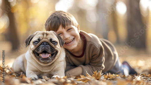 A boy is happy to take care of a pug dog.