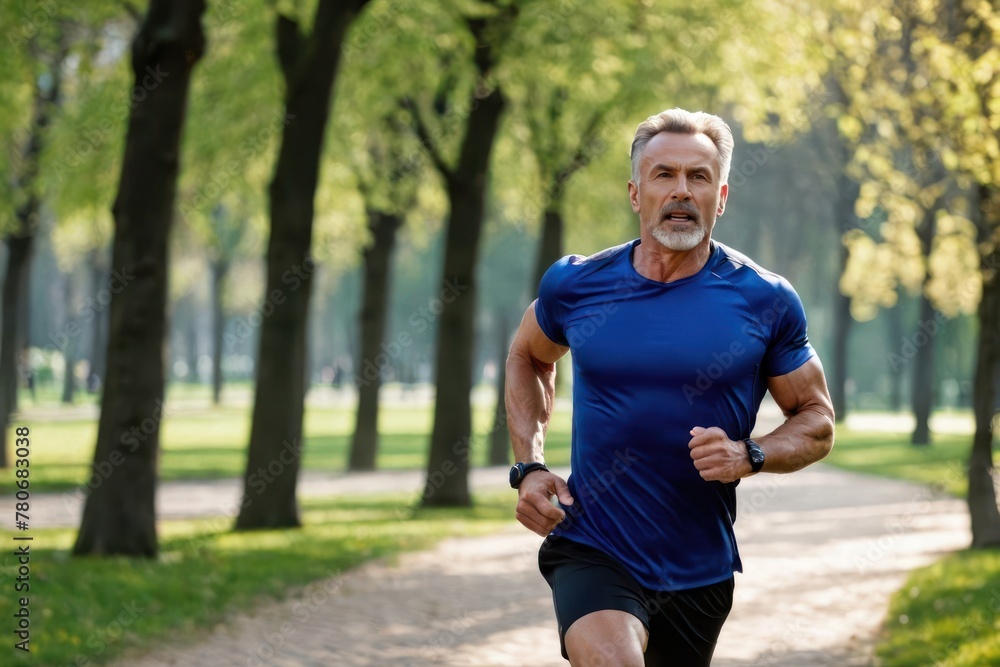 Handsome man with muscular body in sportswear running in park. Generative AI Handsome man with muscular body in sportswear running in park. Generative AI