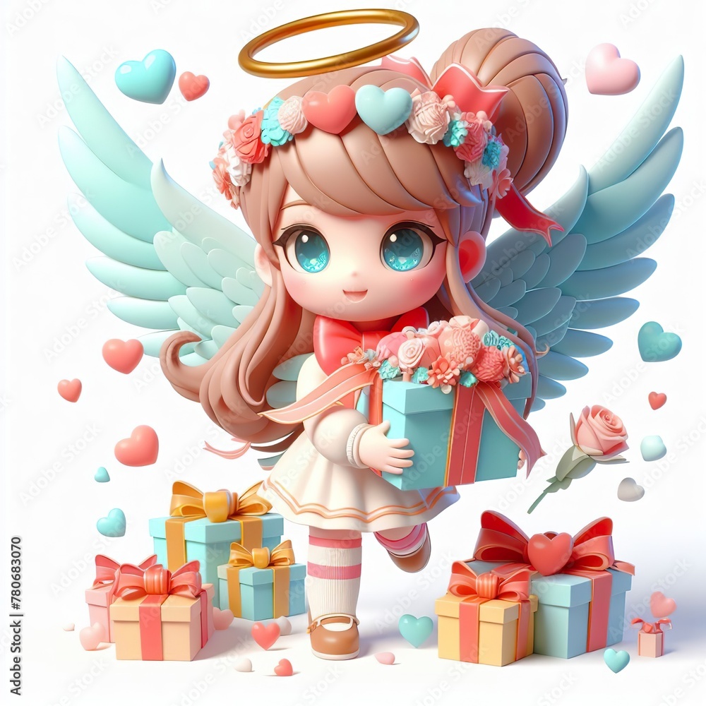 Naklejka premium 3D, cute, colorful beautiful Angel for valentines day, white background