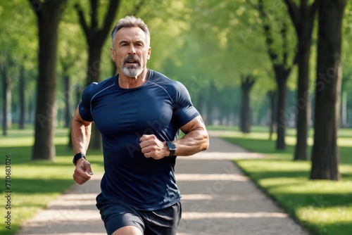 Handsome man with muscular body in sportswear running in park. Generative AI