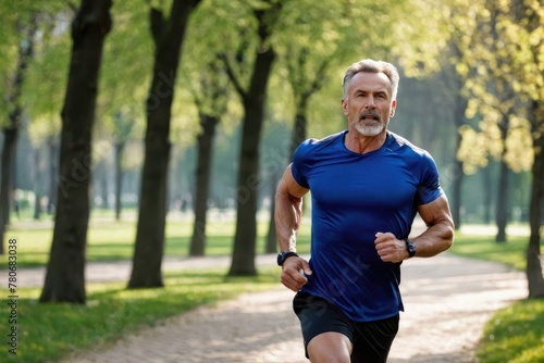 Handsome man with muscular body in sportswear running in park. Generative AI