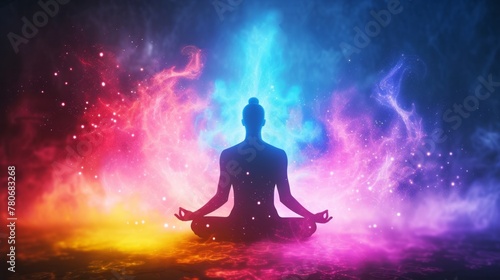 Silhouette of a person sitting in a lotus position in meditation with a bright multi-colored aura photo