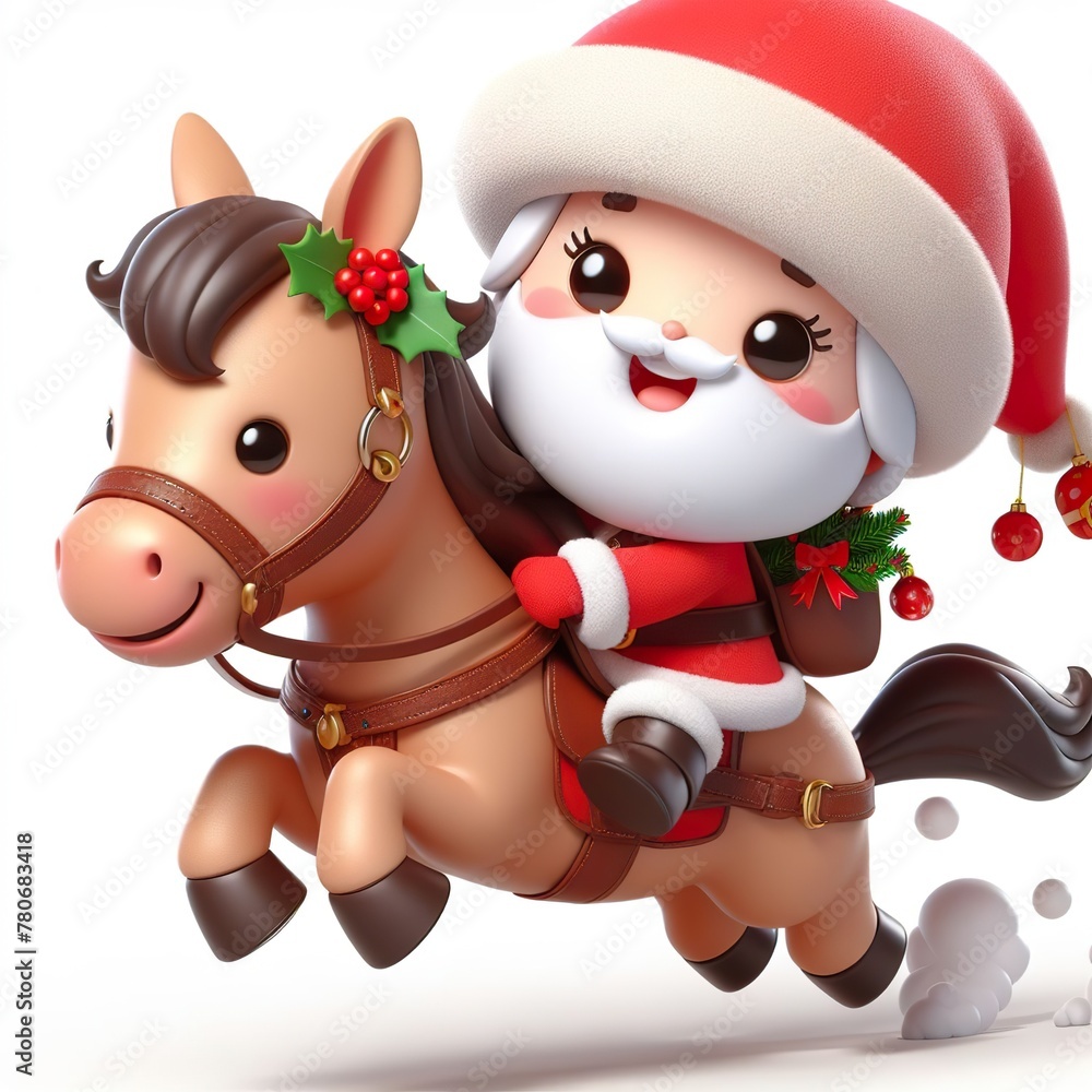 Cute character 3D image of a cute Santa riding horse, funny, happy, smile, white background Cute character 3D image of a cute Santa riding horse, funny, happy, smile, white background