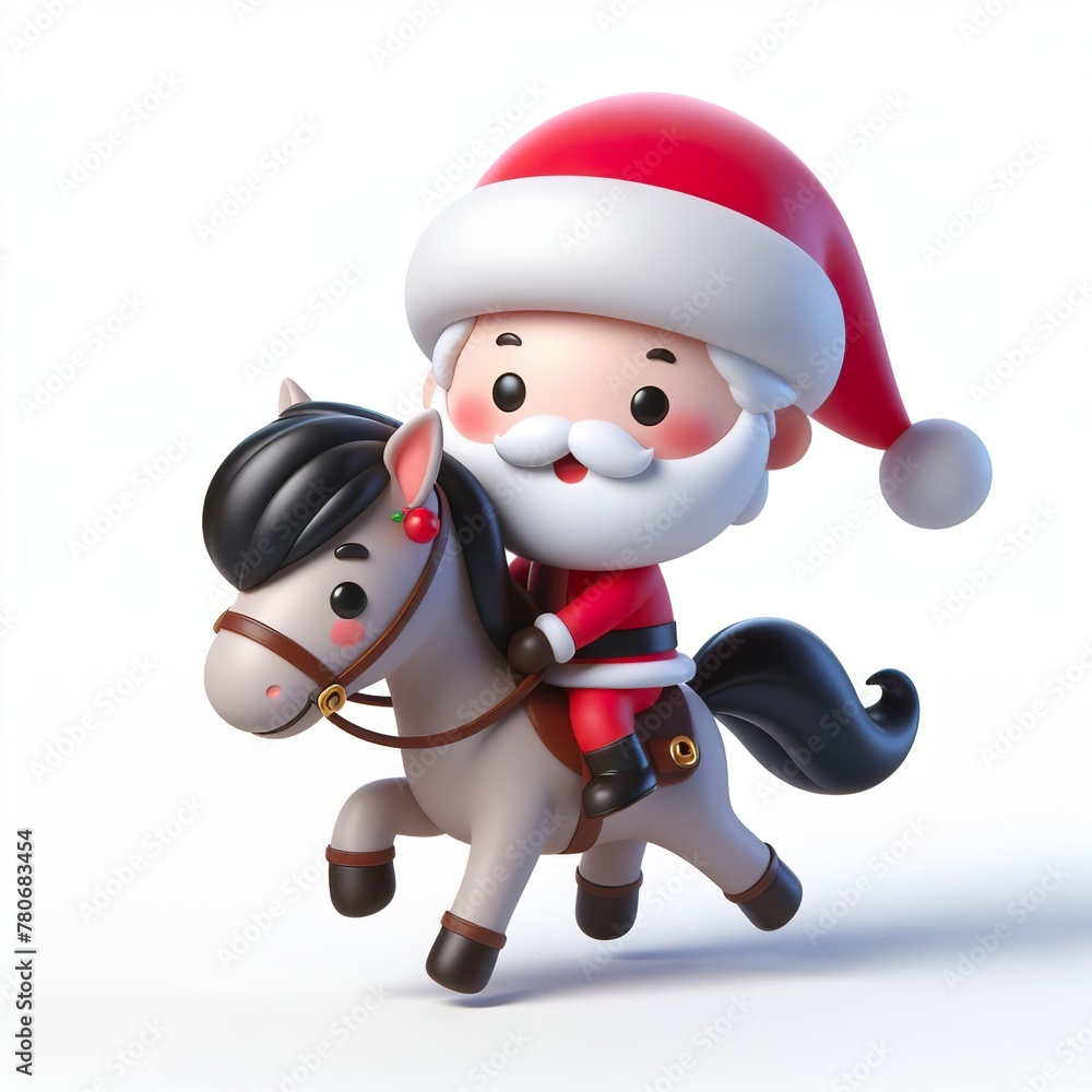 Cute character 3D image of a cute Santa riding horse, funny, happy, smile, white background Cute character 3D image of a cute Santa riding horse, funny, happy, smile, white background