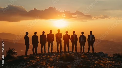 Silhouette of business team stand and feel happy on the most hight at stand on sunset, success, leader, teamwork, target, Aim, confident, achievement, goal, on plan, finish, generate by AI.