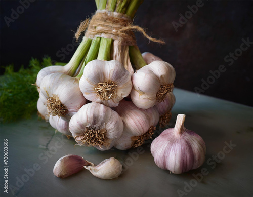garlic on a wooden background. Farm grown garlic. Farmer garlics on rustic wooden table. Pile of spice cloves.