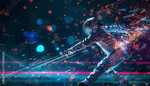 A captivating digital illustration of a fencer in action, surrounded by vibrant lights. The fencer, dressed in protective gear, lunges forward with a foil, creating dynamic motion trails.