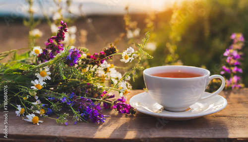 Cup of hot tea and fresh herbs. Tasty drink on wooden table. Sunset or sunrise. Natural backdrop.