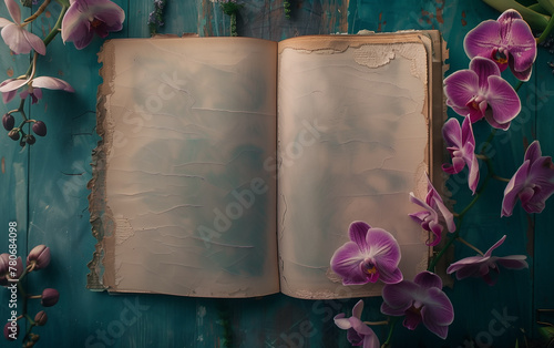 purple orchids laying next to an open vintage notebook with copy space