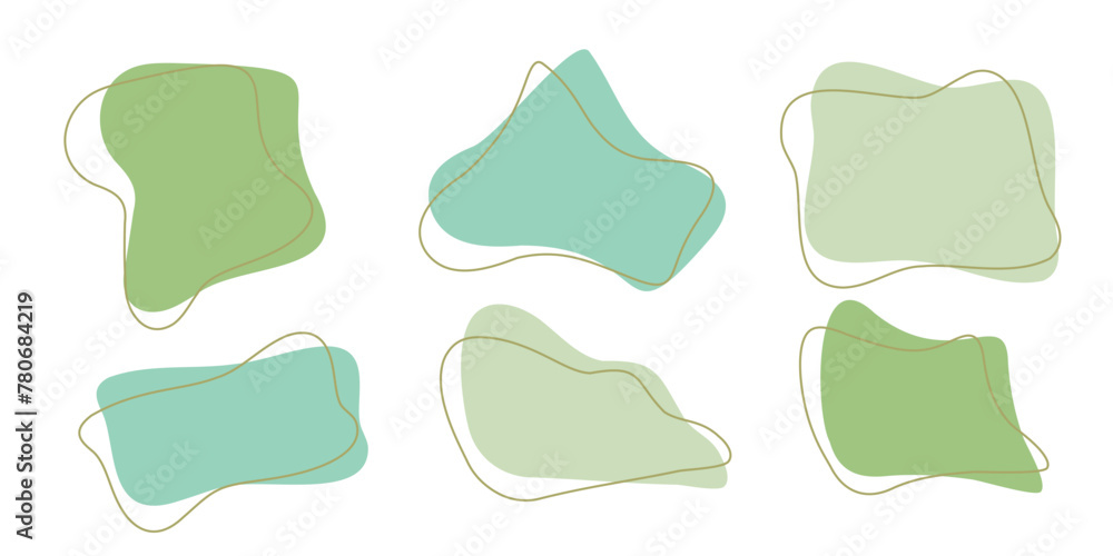Set of organic irregular blob shapes with stroke line. Green gray random deform spot fluid circle Isolated on white background Organic amoeba Doodle elements Abstract rounded forms Vector illustration