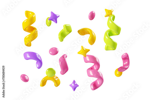 Birthday party popper confetti streamers 3d render illustration.