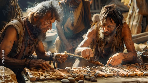 Stone age inventors creating the first abacus from pebbles and twine, predicting blockchain technology