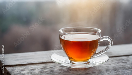 Glass cup of hot tea on wooden table. Tasty drink. Blurred backdrop.