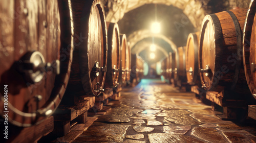 Old Wooden barrels with wine in a wine vault cellar.