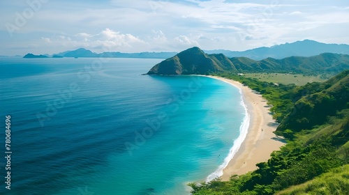 Top view of white sand beach tropical with seashore as the island in a coral reef ,blue and turquoise sea Amazing nature landscape with blue lagoon