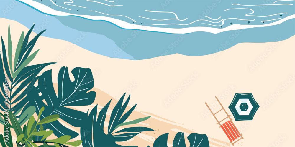 Poster, Cover, and Card Set Featuring Sunny Beach, Village, and Sea View in Europe - Flat Design Illustrations for Vacation Travel and Holiday Relaxation. Summer nature landscape